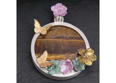 Pendentif œil de tigre, fleurs et papillons | Pattrice