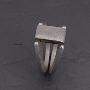 Chevalière plateau acier damassé, corps inox | Pattrice
